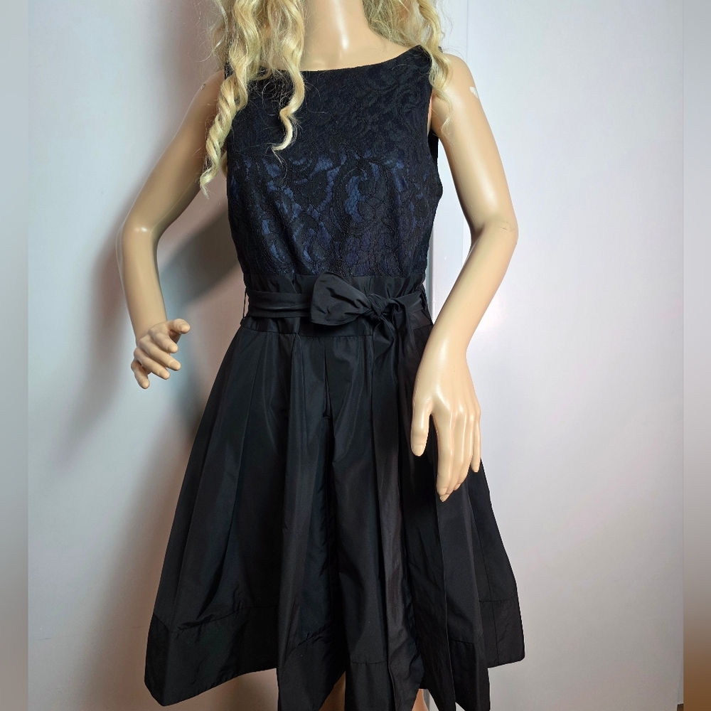 Frank Lyman Black & Navy Floral Lace Cocktail Dress with Taffeta Skirt & Bow Det